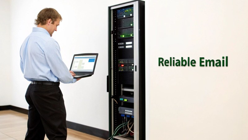 A focused IT professional managing server settings in a modern office environment.