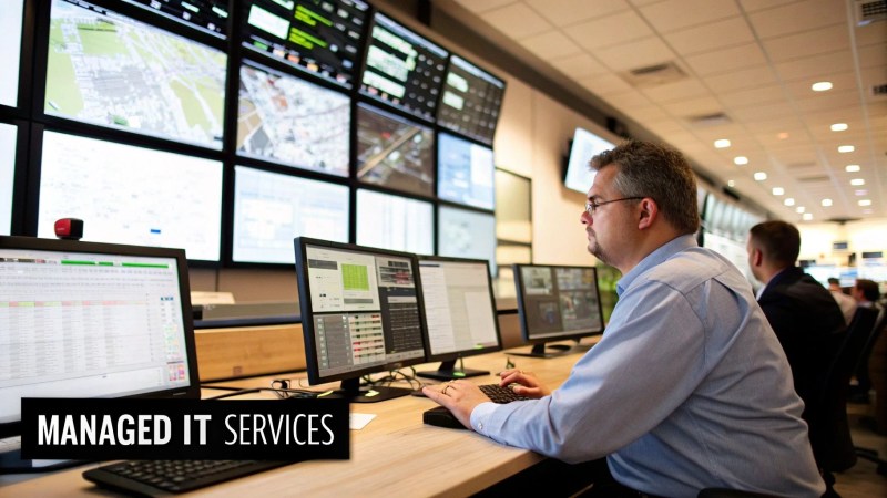 An IT professional at a desk managing multiple screens showing patch deployment status, symbolizing managed services.