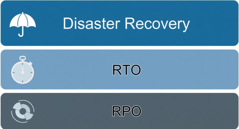 Infographic showing a hierarchy diagram for Disaster Recovery, featuring icons for RTO and RPO.