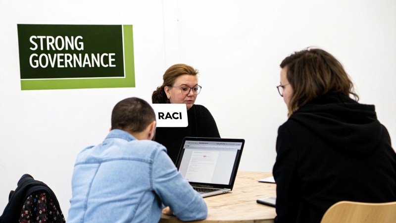 A group of professionals in a meeting room reviewing charts and data on a large screen, representing a Change Advisory Board discussion.