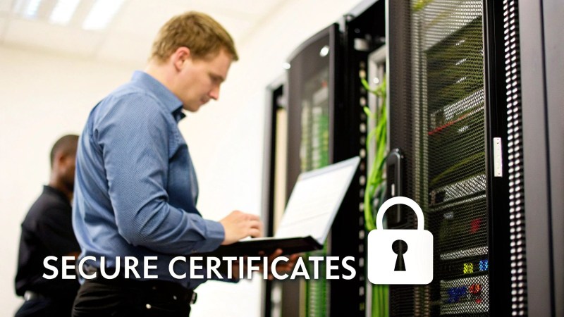 A digital lock and key superimposed over a server room, symbolizing robust security for Exchange Server settings.