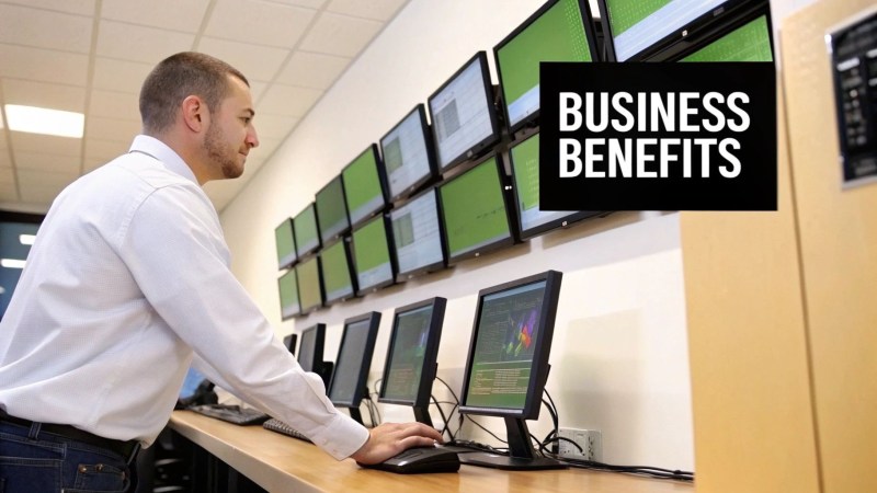 A person working remotely on a laptop, with icons representing security and cost savings floating around them.