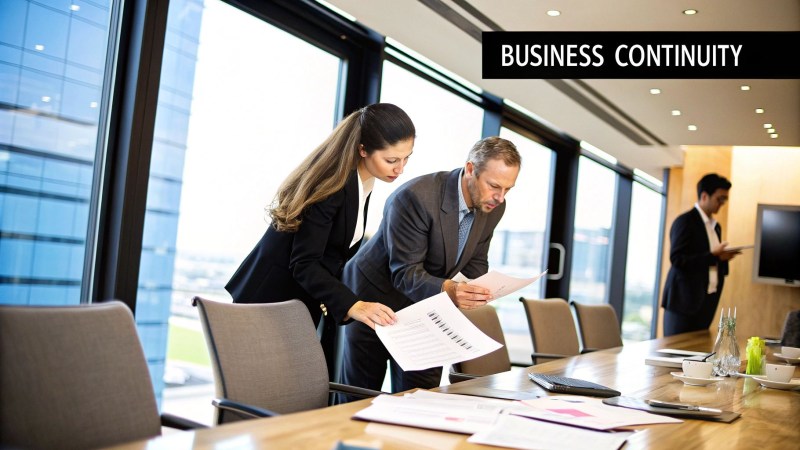 A team collaborating on a business continuity plan in a modern office.
