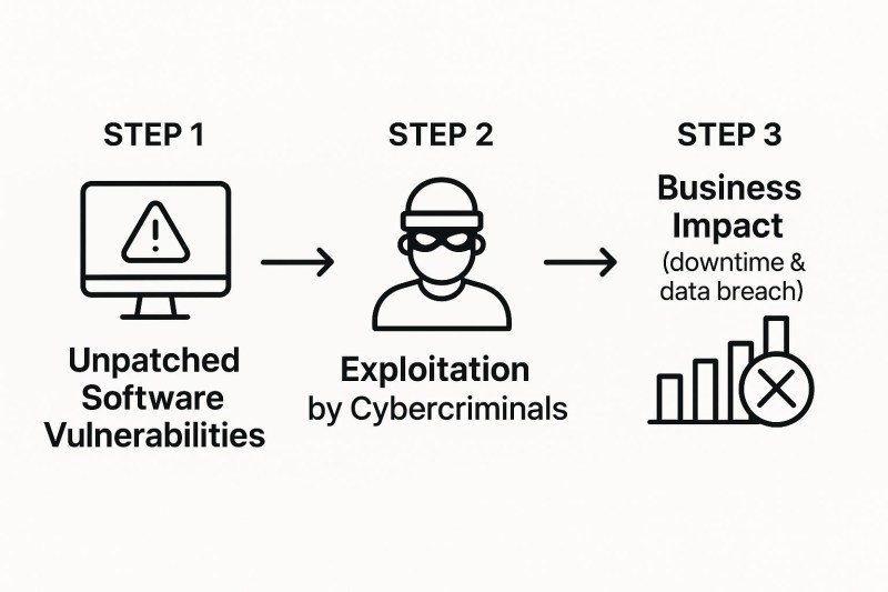 Infographic showing the process flow from Unpatched Software to Exploitation and then to Business Impact like downtime and data breaches.