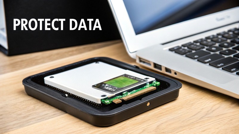 Close-up of an external solid-state drive (SSD) next to a laptop, symbolizing data protection.