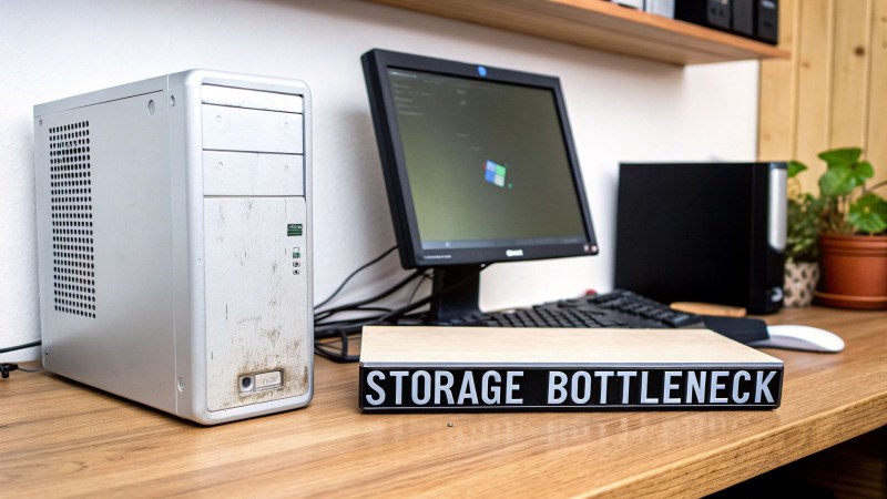 An old, dusty silver desktop computer and monitor on a wooden desk. A sign reads 'STORAGE BOTTLENECK'.