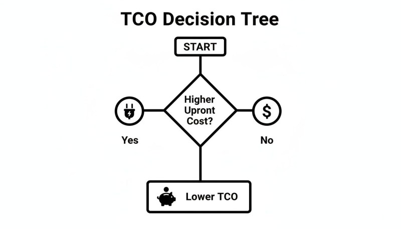 A TCO decision tree flowchart titled 'TCO Decision Tree' asking 'Higher Upfront Cost?', leading to 'Lower TCO'.