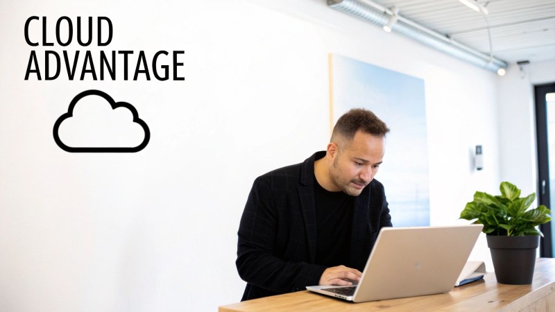 A person works on a laptop at a desk, with "CLOUD ADVANTAGE" text and a cloud icon on the wall.