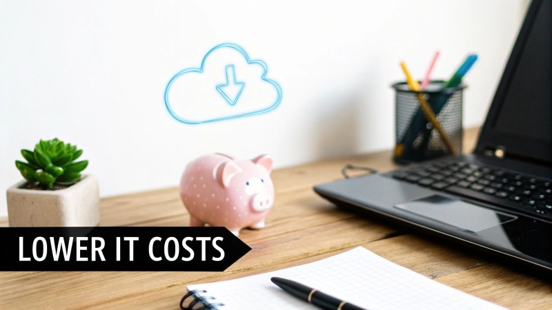 Desk with a laptop, piggy bank, and cloud download icon, highlighting lower IT costs.
