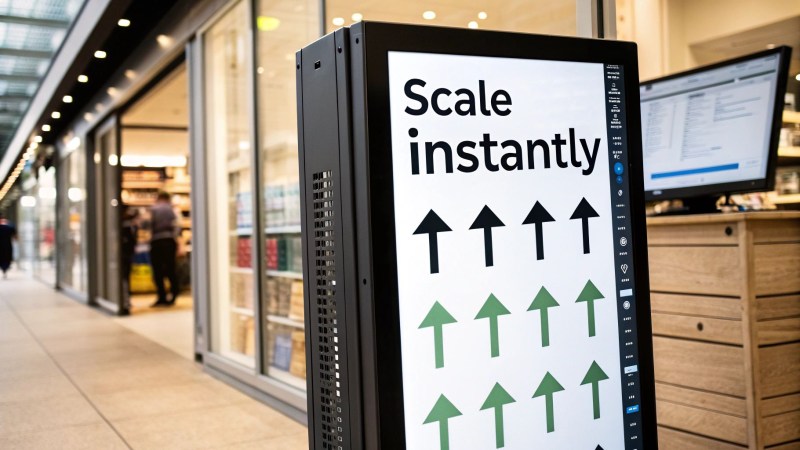 A digital display in a modern building advertises 'Scale instantly' with upward arrows, near a store.