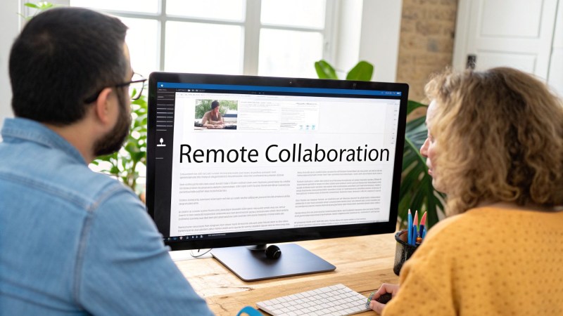Two people working together, looking at a computer screen displaying 'Remote Collaboration' text.
