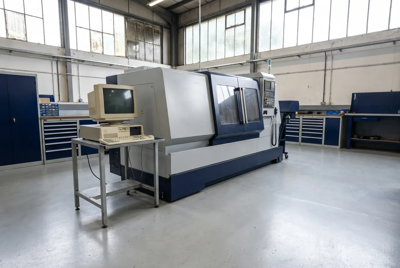 A CNC machine and its controller PC on a UK machine shop floor