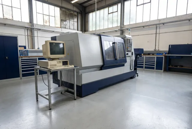 A CNC machine and its controller PC on a UK machine shop floor
