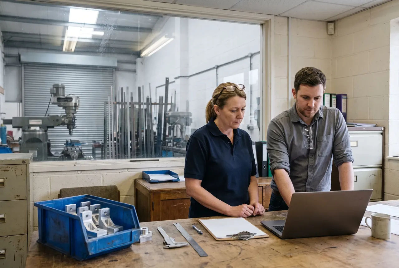 Two colleagues at a small UK engineering firm standing together at a workbench in their production office, looking at a laptop and a clipboard, with the company's own machine shop out of focus behind a glazed partition.