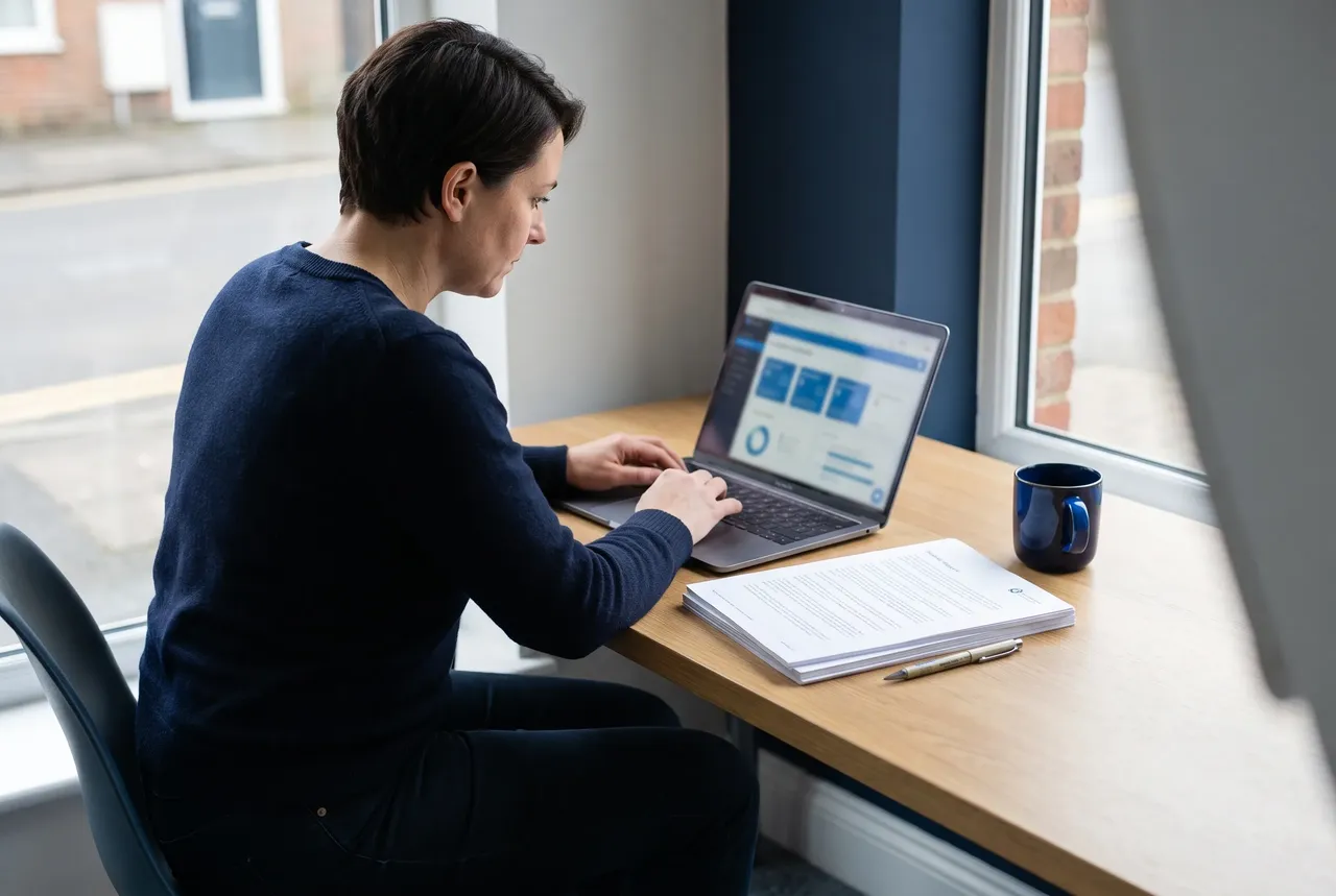 An HGC IT specialist reviewing a UK business's Cyber Essentials readiness on a laptop, doing the hands-on work that gets clients certified through the CyberSmart platform