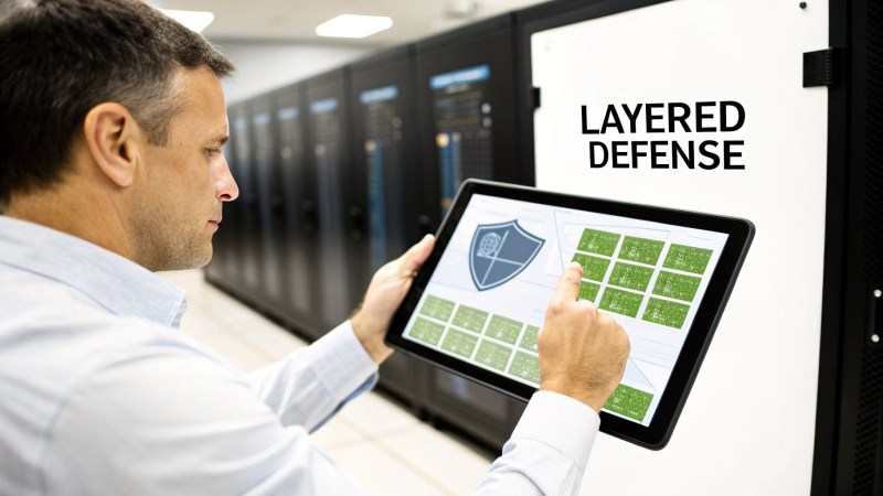 Man in a server room using a tablet displaying a cybersecurity interface, with 'LAYERED DEFENSE' on a server.