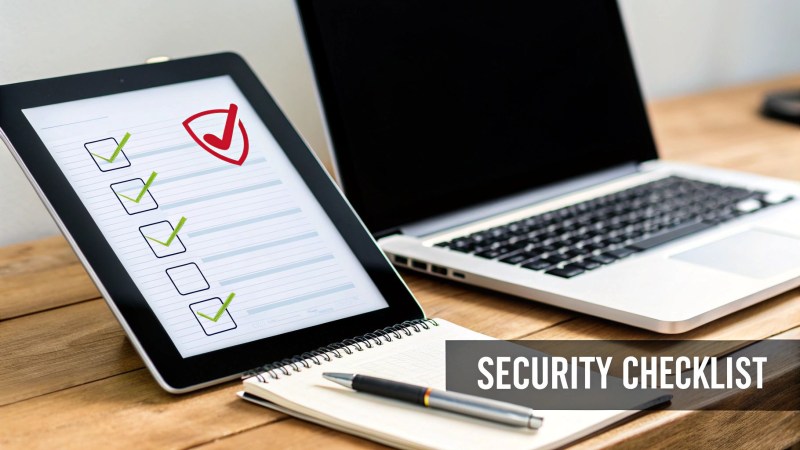 Digital security checklist on a tablet with checkmarks and a shield icon, next to a laptop.