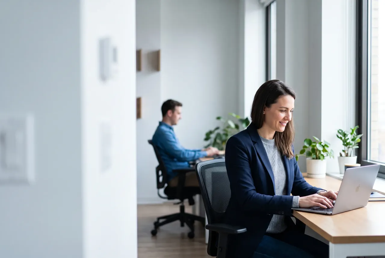 A UK small-business professional working confidently on a laptop in a bright modern office, supported by well-managed cloud services