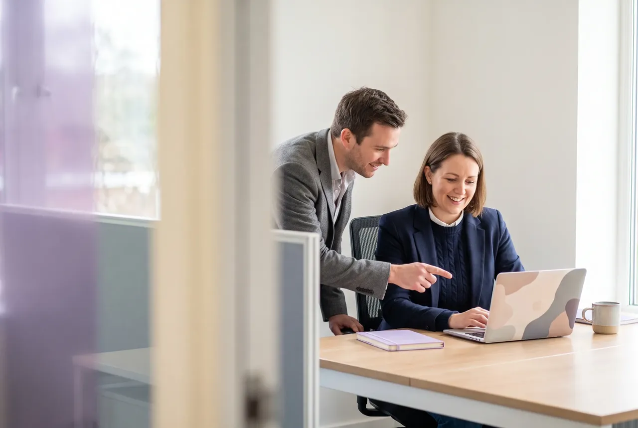 Small-business owner reviewing their cyber security cover with a UK IT adviser on a laptop in a bright office