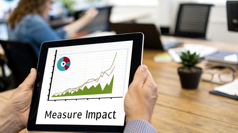 A person holds a tablet displaying a business growth graph and a pie chart, with 'Measure Impact' text, in an office environment.
