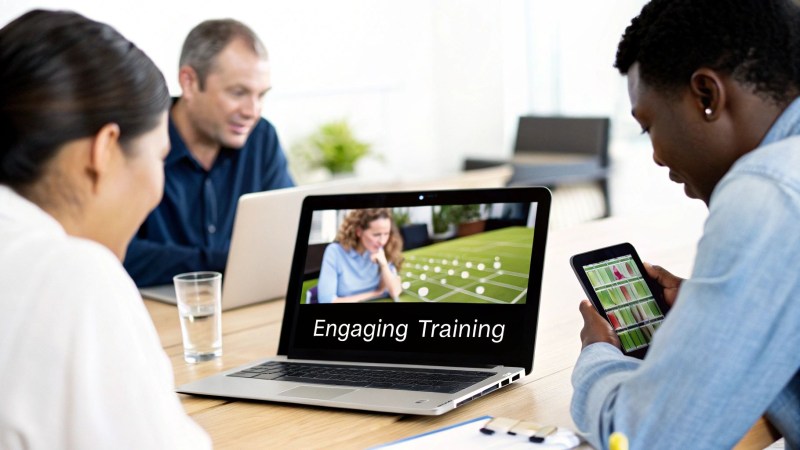 Three professionals engage in an online training session, viewing content on a laptop and a tablet.