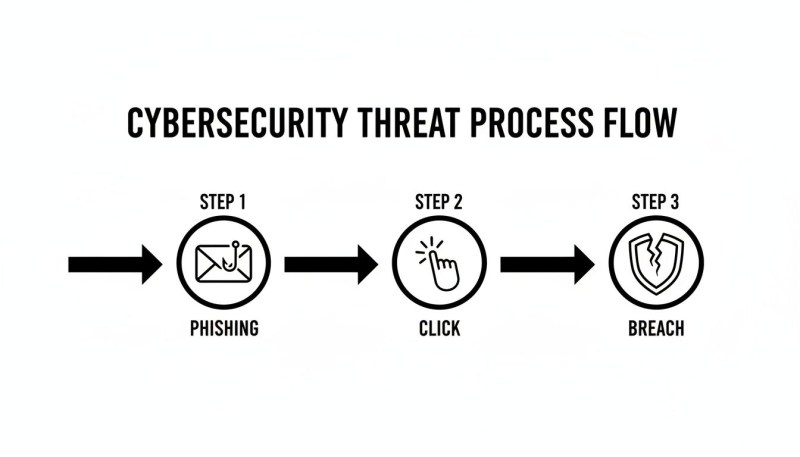 Diagram illustrating the cybersecurity threat process flow, detailing phishing, clicking a link, and resulting in a data breach.
