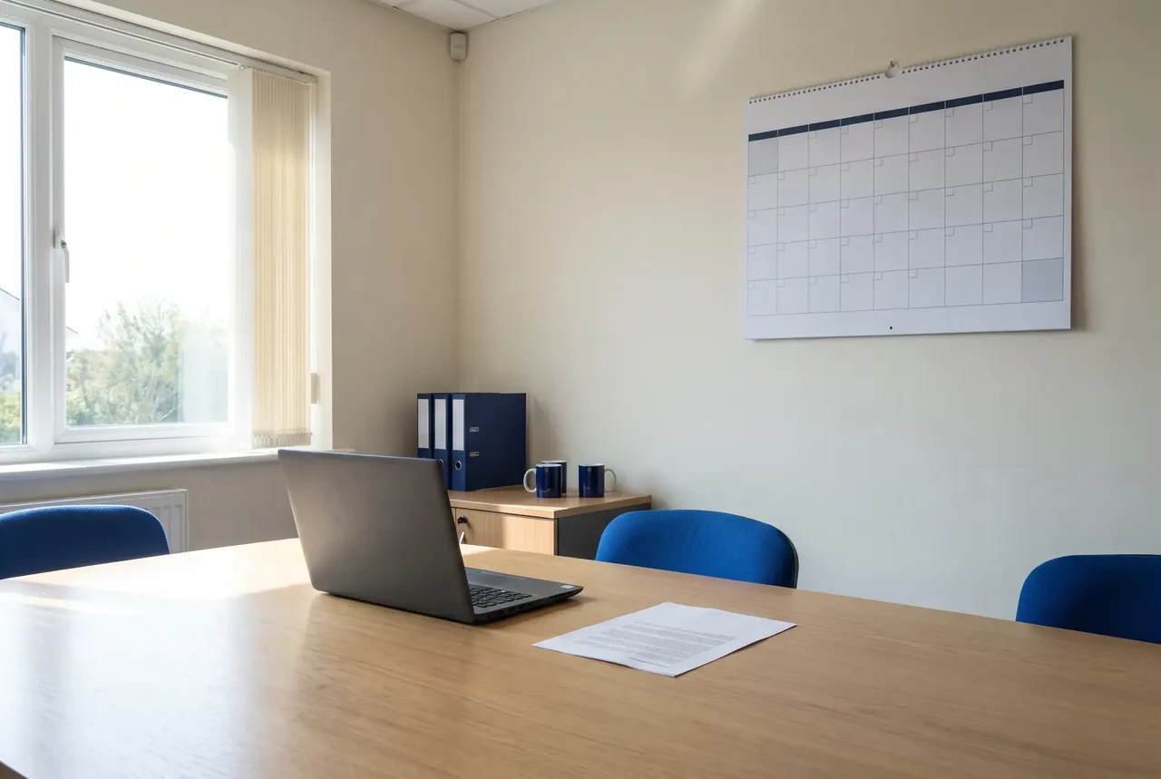 A printed supplier requirement letter and a laptop on a UK engineering firm's meeting table