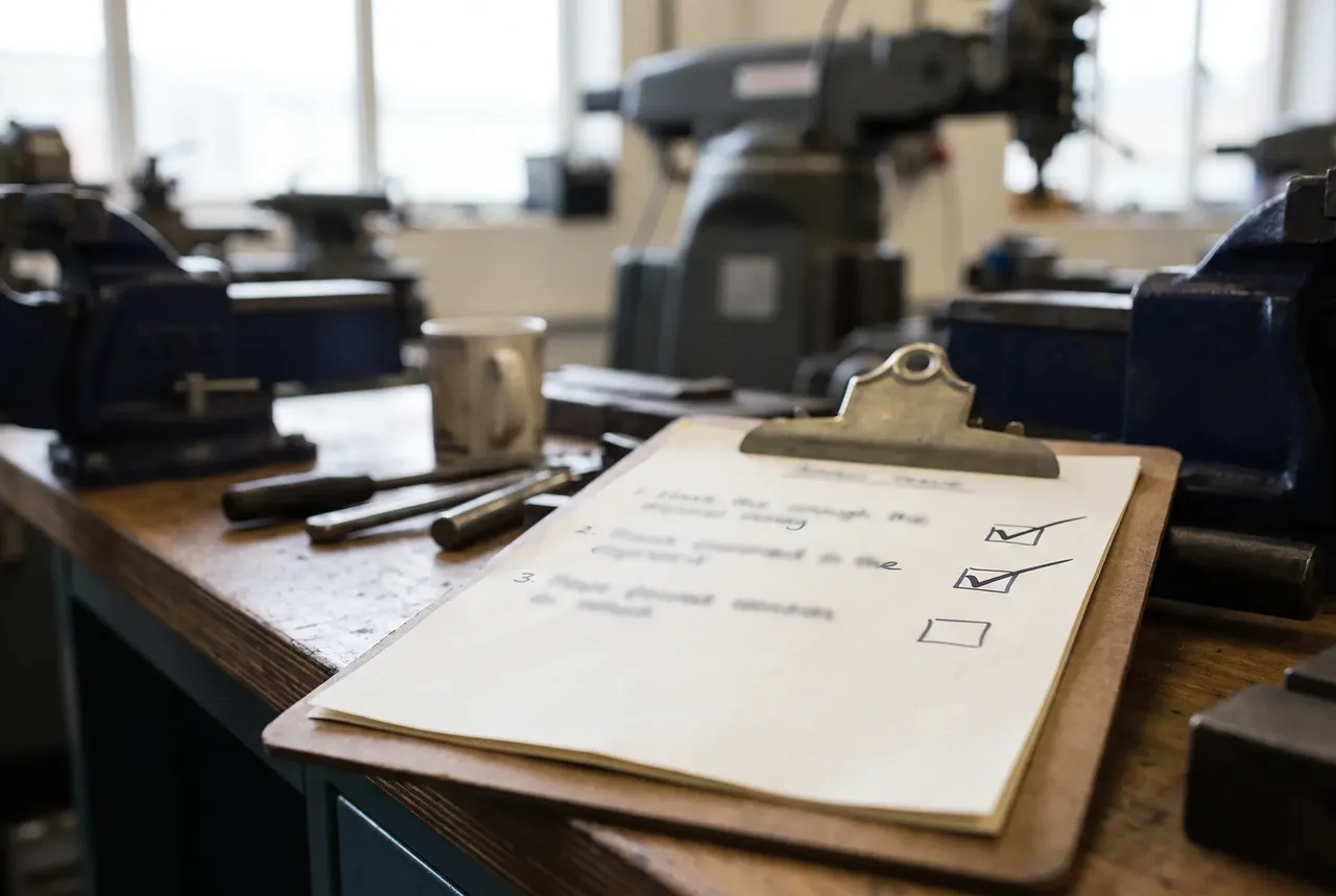 A three-item checklist on a clipboard in a UK engineering workshop
