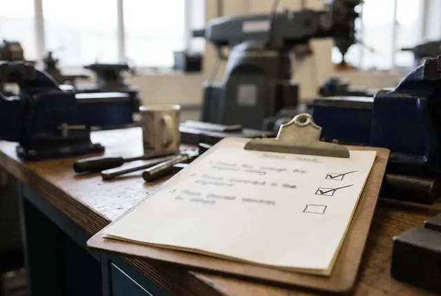 A three-item checklist on a clipboard in a UK engineering workshop