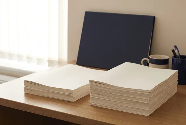 A thin and a thick stack of documents side by side on an office desk