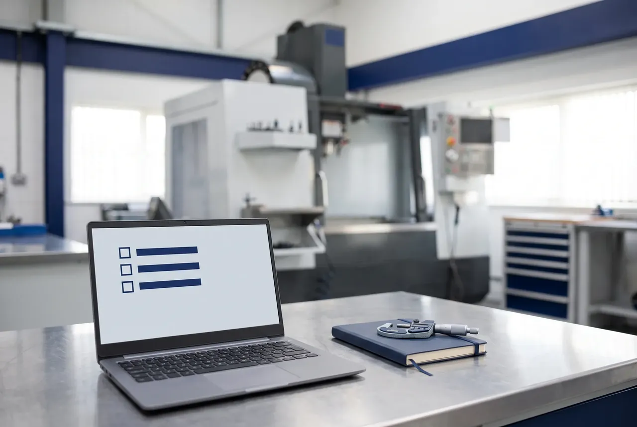 Engineer in a UK precision engineering workshop reviewing a Defence Cyber Certification checklist on a laptop