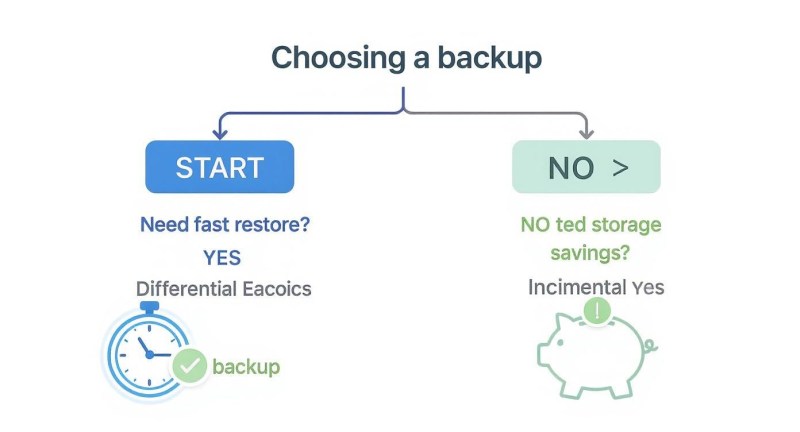 A flowchart titled 'Choosing a backup', comparing options based on 'Need fast restore?' and 'NO ted storage savings?'.