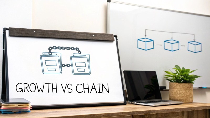 A desk with a whiteboard displaying 'GROWTH VS CHAIN' and a chain diagram, alongside a laptop and plant.