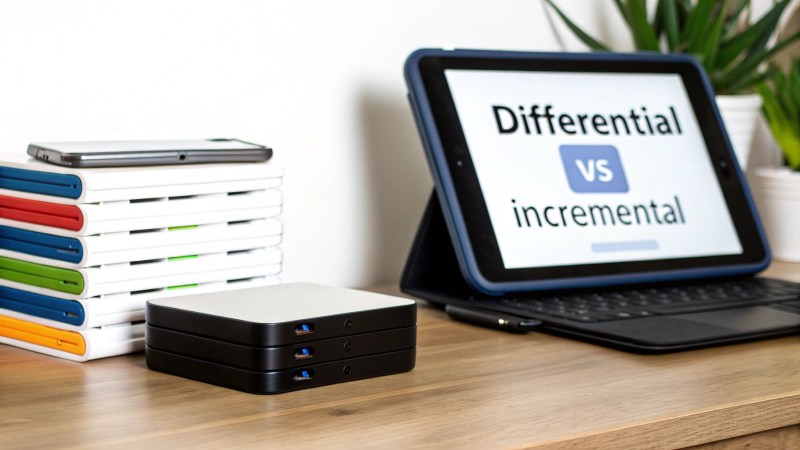 A tablet displaying 'Differential VS incremental' next to external hard drives and a stack of notebooks on a wooden desk.