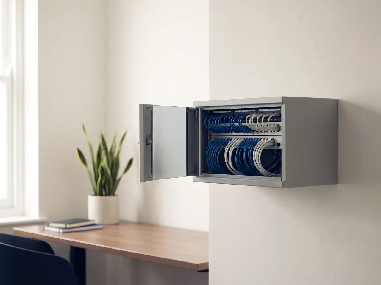 A tidy wall-mounted network cabinet with neatly dressed patch cables in a small UK office
