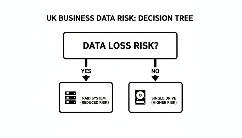 A decision tree flowchart illustrating UK business data risk, comparing RAID systems and single drives.
