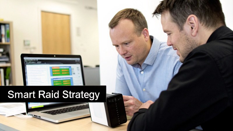 Two men discuss a smart RAID strategy, looking at a laptop and an external hard drive.