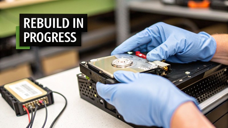Close-up of gloved hands installing a hard drive into a server, with 'REBUILD IN PROGRESS' text.