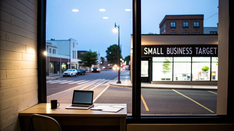 Laptop and mug on a desk overlooking a city street with businesses at dusk.