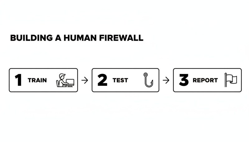 A diagram illustrating the three steps to building a human firewall: Train, Test, and Report.