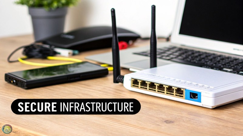 A white Wi-Fi router, smartphone, and laptop on a wooden desk, emphasizing secure network infrastructure.