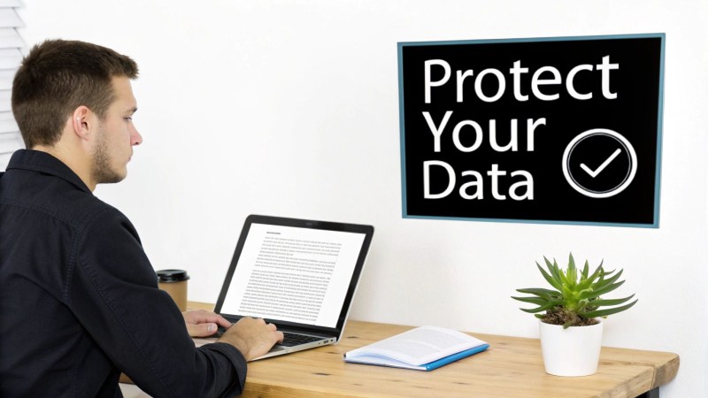 A man using a laptop at a desk, with a 'Protect Your Data' sign on the wall.