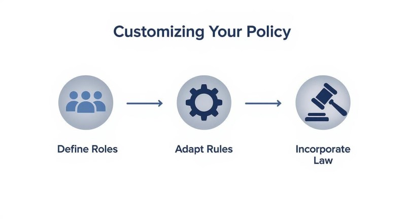 An infographic showing three steps to customize a policy: Define Roles, Adapt Rules, Incorporate Law.