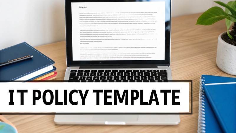 A laptop displaying a policy document with an 'IT POLICY TEMPLATE' banner, alongside notebooks and a pen on a wooden desk.
