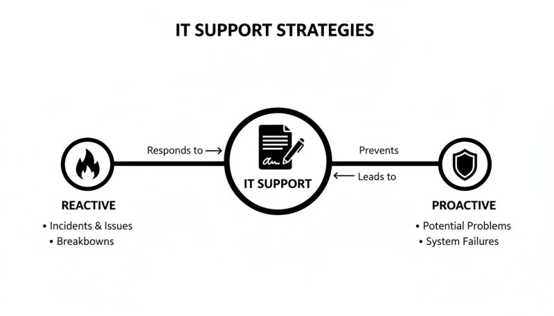 Diagram comparing reactive and proactive IT support strategies for managing issues and preventing failures.