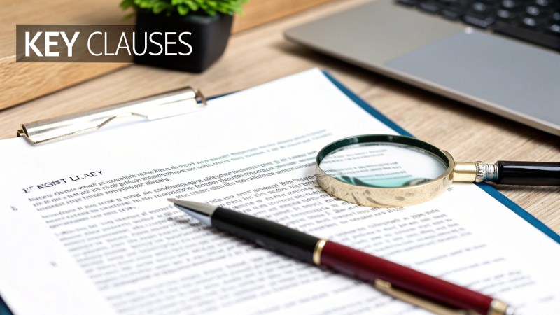A magnifying glass and pen on a document with 'Key Clauses' text, symbolizing contract review.