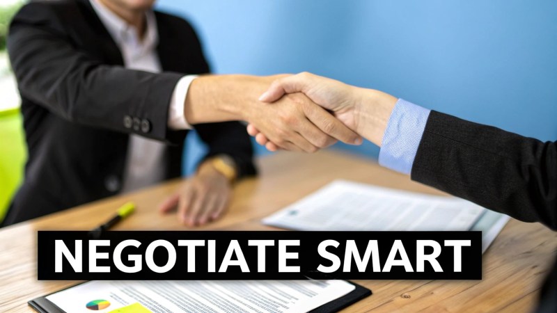 Two business professionals shaking hands over a negotiation table with documents, signifying a smart deal.