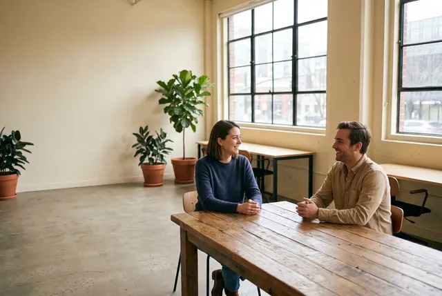 Founders of a small UK startup talking at a shared table in a bright, newly fitted office