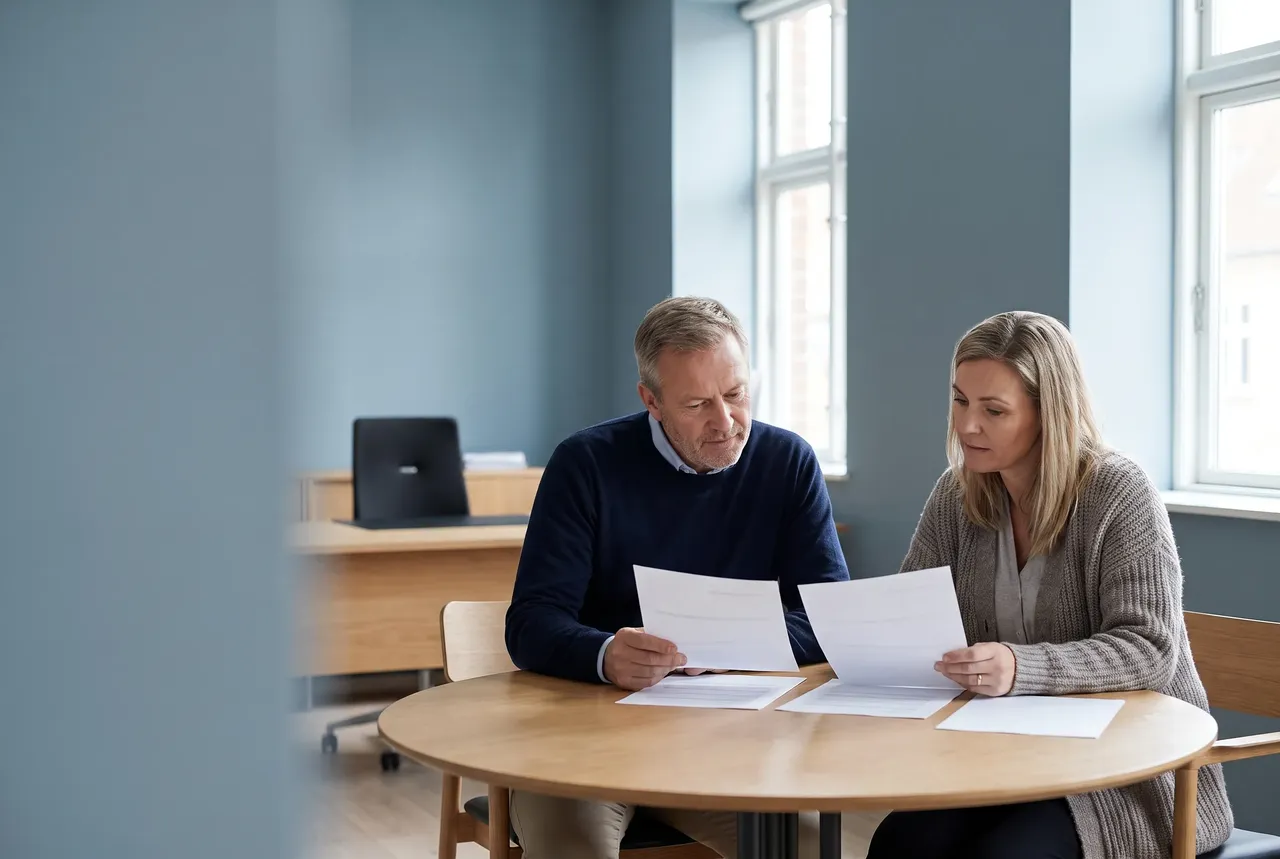 Small business owner and an IT adviser reviewing a printed support proposal across a meeting table