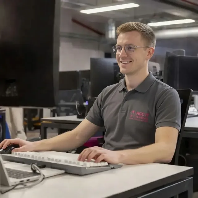 Friendly HGC IT Solutions support technician helping a UK small business at their desk